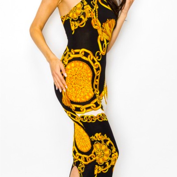 Black and Gold Chain Print Dress - Picture 3 of 4